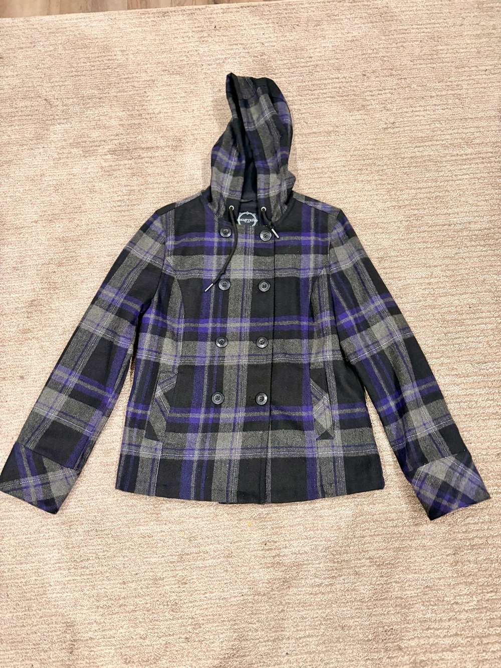 Girls' Hooded Plaid Peacoat Jacket - Black, Gray & Purple